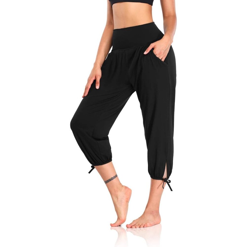 Women Black Yoga Pants Capri Loose Sweatpants Comfy Lounge Joggers with Pockets